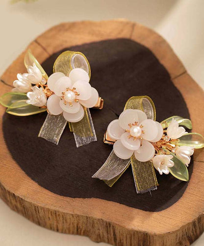 Chinese Style White Alloy Pearl Colored Glaze Chiffon Ribbon Hairpin