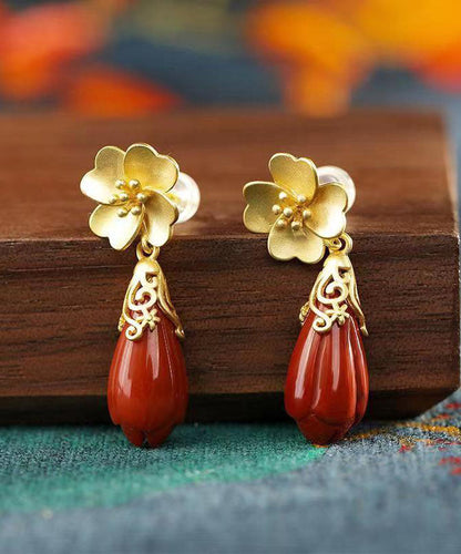 Diy Red Ancient Silver Inlaid Agate Drop Earrings