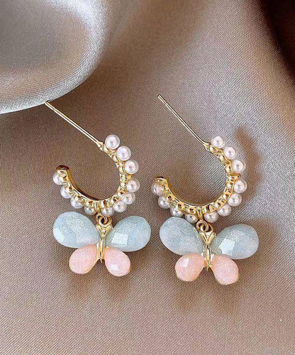 Rainbow Alloy Pearl Butterfly Hoop Earrings