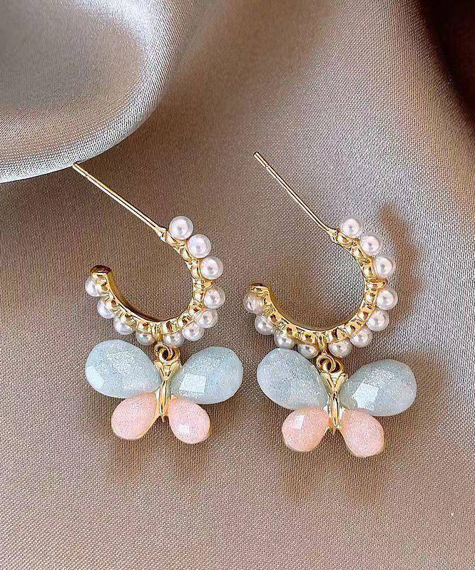 Rainbow Alloy Pearl Butterfly Hoop Earrings