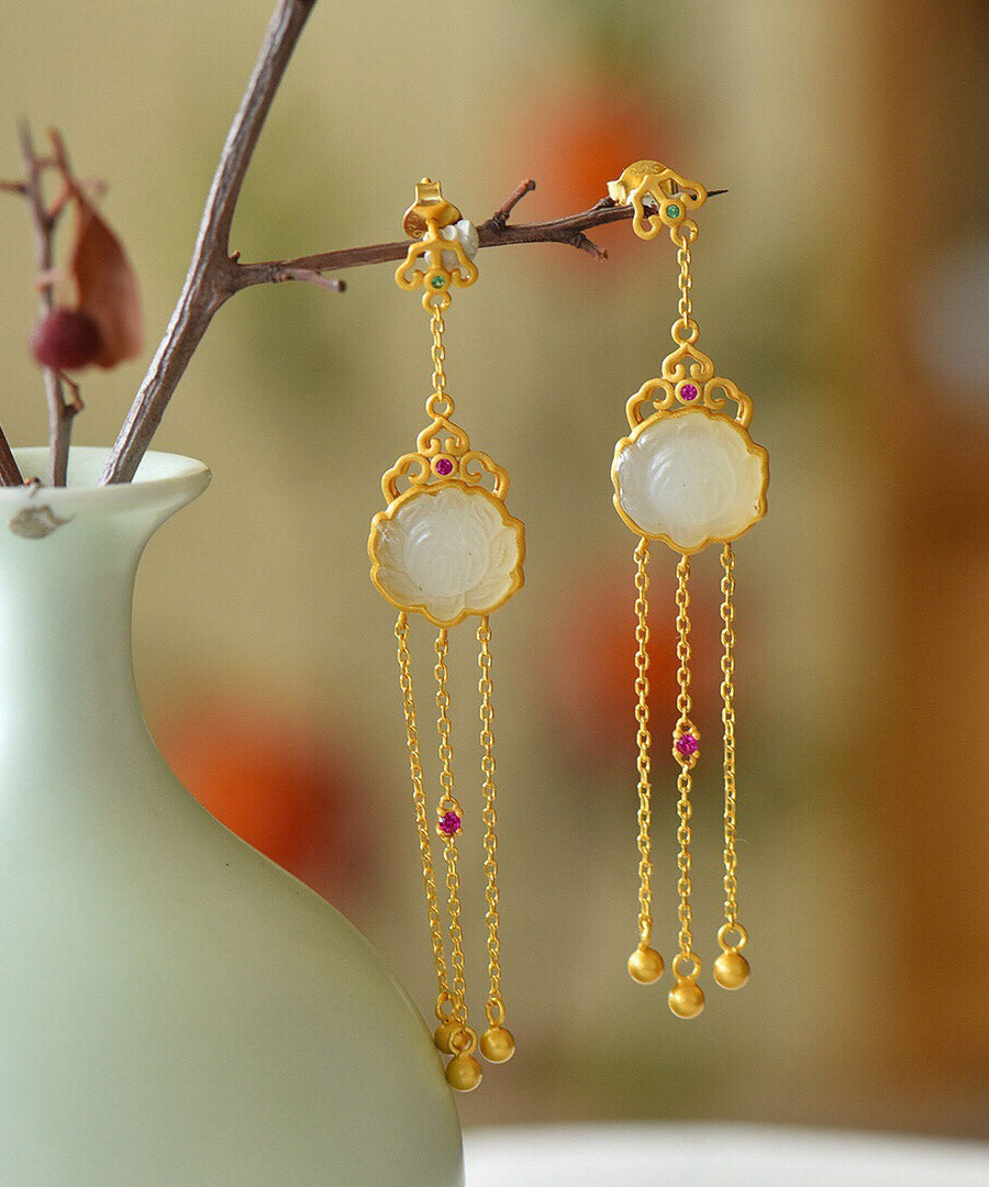 Yellow Sterling Silver Jade Tassel Drop Earrings