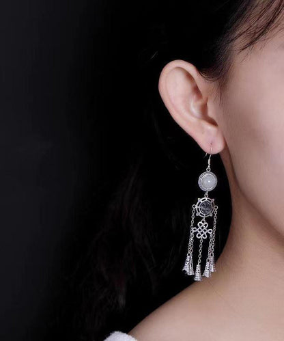 Jade Patchwork Tassel Silver Drop Earrings