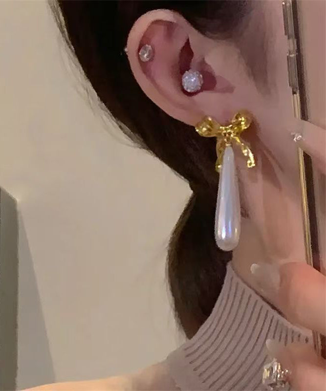 Original Design White Copper Overgild Bow Pearl Water Droplet Drop Earrings