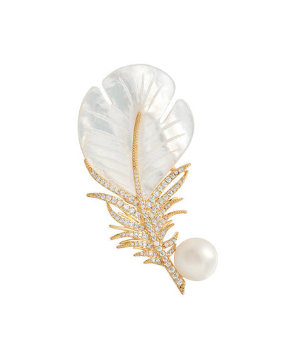 Modern Golden Feather Shape Pearl Fine Zircon Brooch