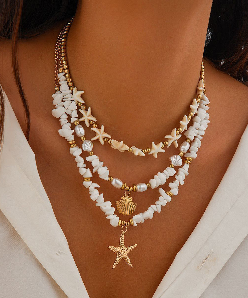 White Copper Starfish Shell Layered Pendant Necklace