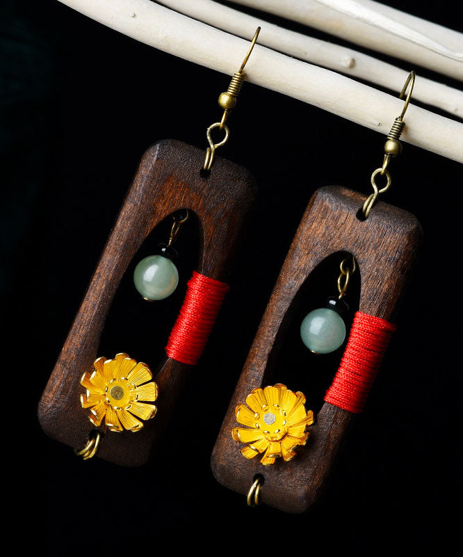 Retro Dark Brown Copper Jade Rectangular Wooden Block Drop Earrings