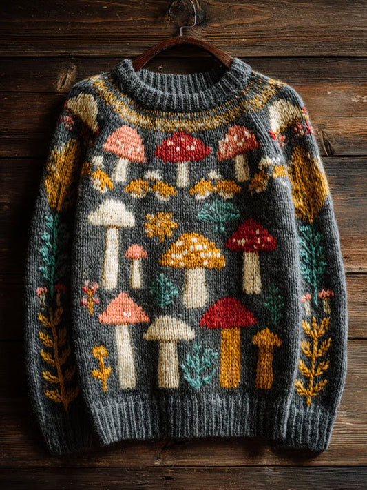 Comstylish Women's Retro Mushroom Print Crew Neck Sweater