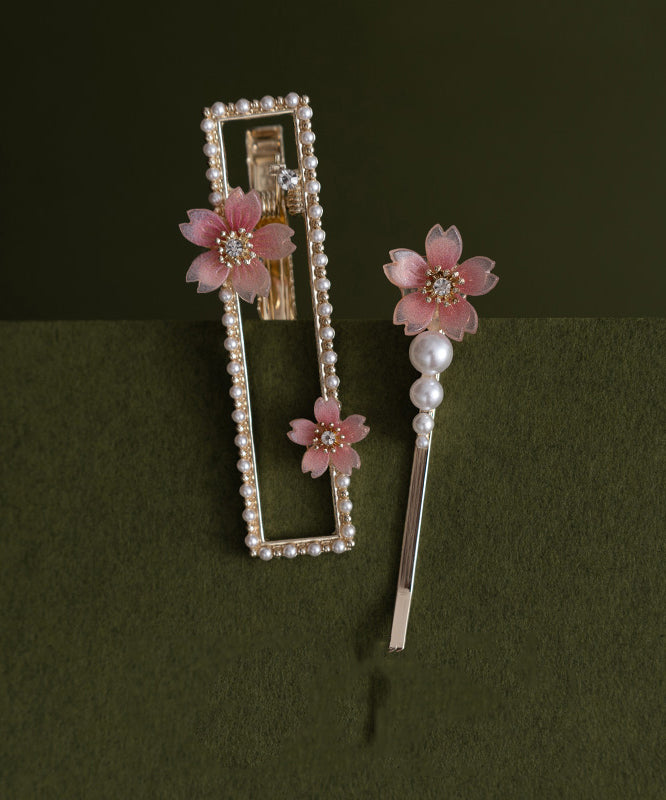 Pink Alloy Zircon Pearl Resin Begonia Flower Hairpin Two-piece Set
