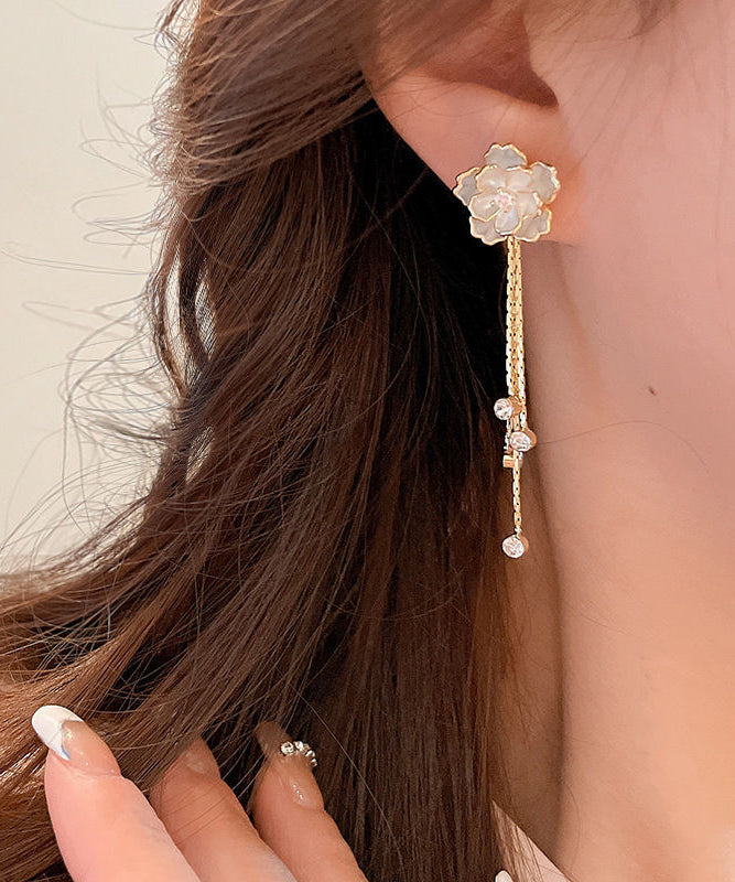 Gold Copper Alloy Zircon Camellia Tassel Drop Earrings