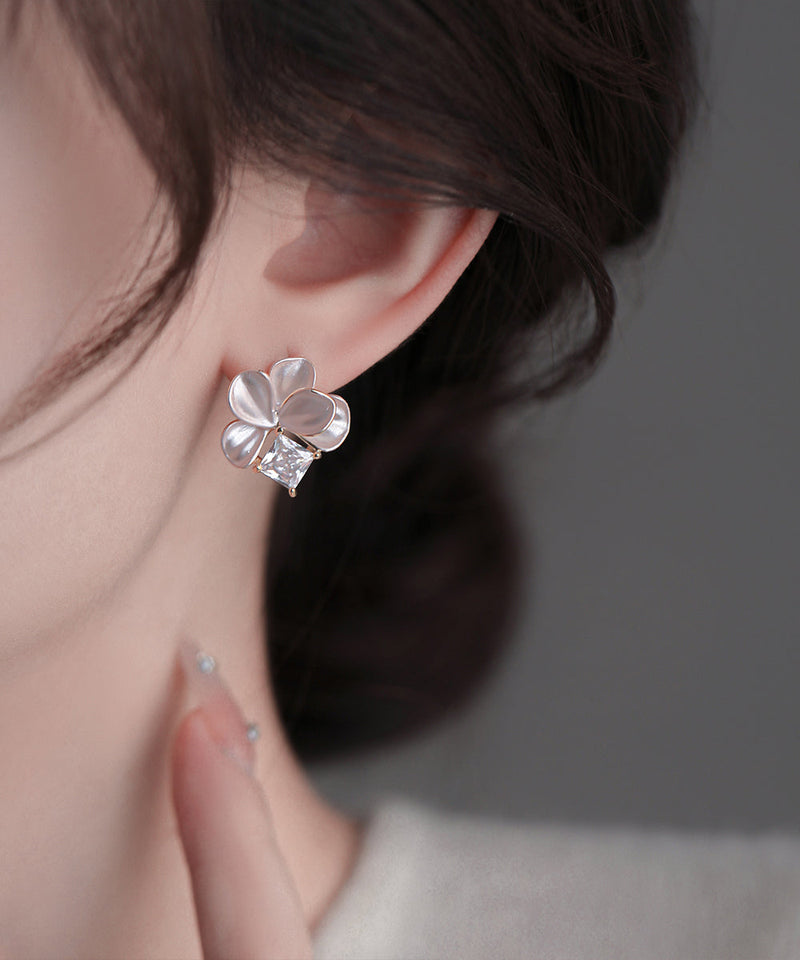 Pink Copper Overgild Zircon Petal Stud Earrings