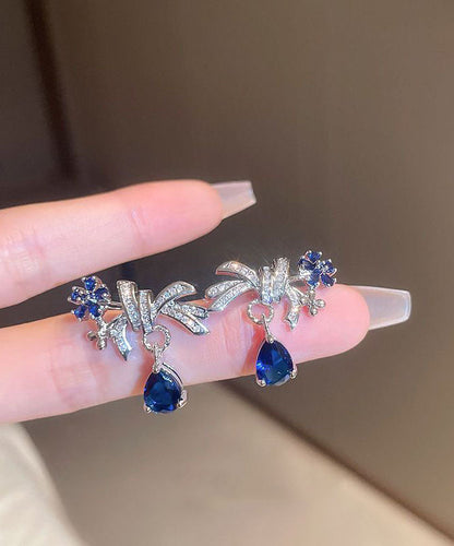 Oversize Blue Sterling Silver Zircon Water Drop Drop Earrings