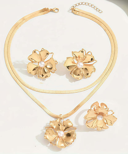 Stylish Gold Copper Overgild Pearl Pendant Necklace, Rings and Stud Earrings Three-piece Set