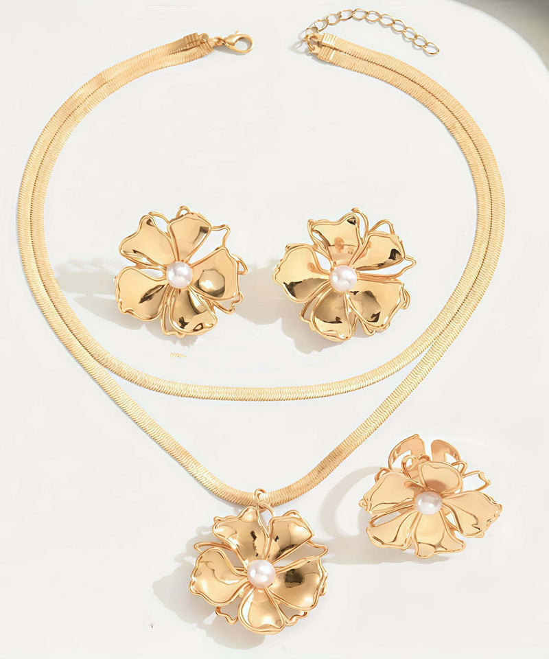 Stylish Gold Copper Overgild Pearl Pendant Necklace, Rings and Stud Earrings Three-piece Set