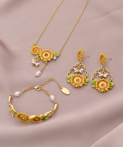 Gold Zircon Sunflower Pearl Tassel Lariat Necklace Bracelet and Drop Earrings Three Piece Set