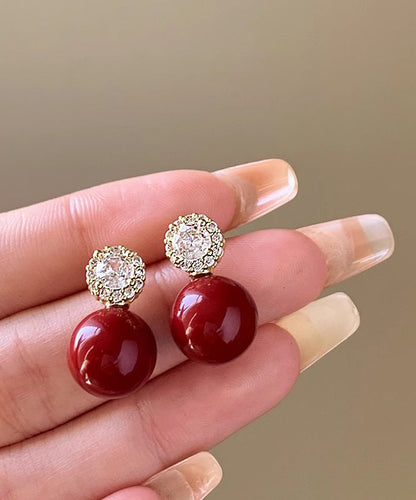 Original Red Copper Alloy Zircon Pearl Stud Earrings