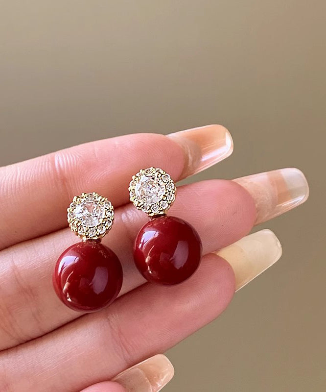 Original Red Copper Alloy Zircon Pearl Stud Earrings