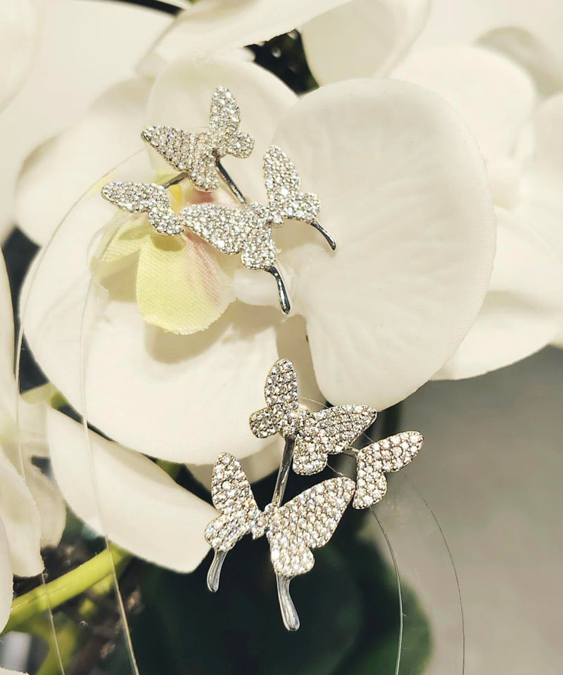 Modern Silk Sterling Silver Zircon Butterfly Stud Earrings