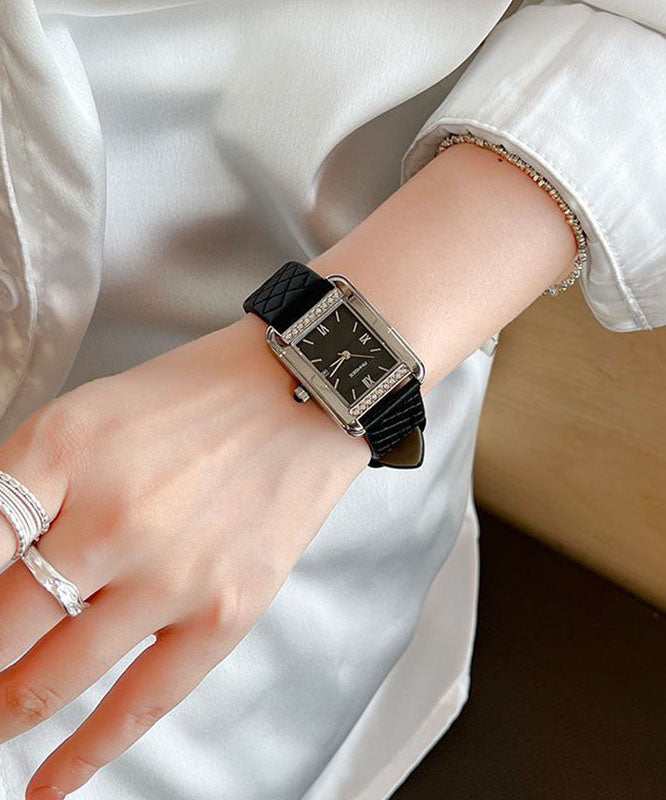 Black Leather Zircon Reinforced Glass Quartz Movement Watches
