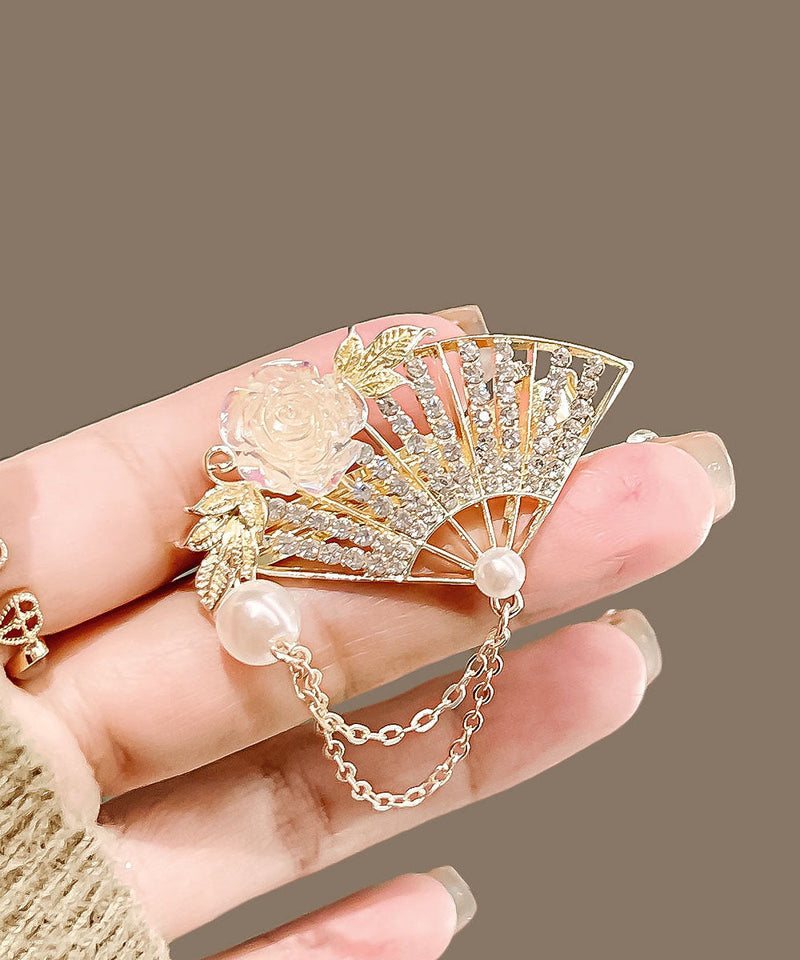 Golden Yellow Alloy Crystal Pearl Fan Tassel Duck Mouth Hairpin