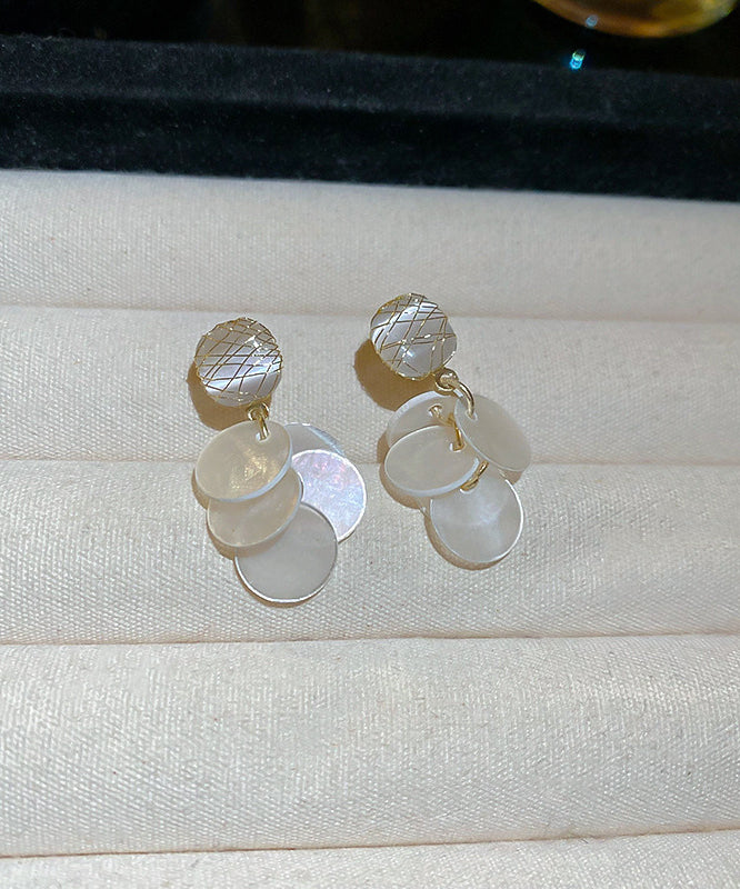 White Copper Cat's Eye Stone Shell Tassel Drop Earrings