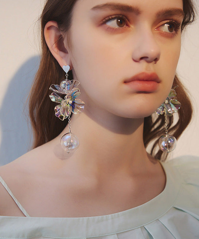 Colorful Transparent Crystal Flower Long Stud Earrings