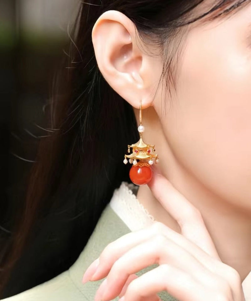 Red Sterling Silver Overgild Agate Pearl Pavilion Drop Earrings