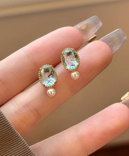 Simple Gold Sterling Silver Overgild Pearl Zircon Stud Earrings
