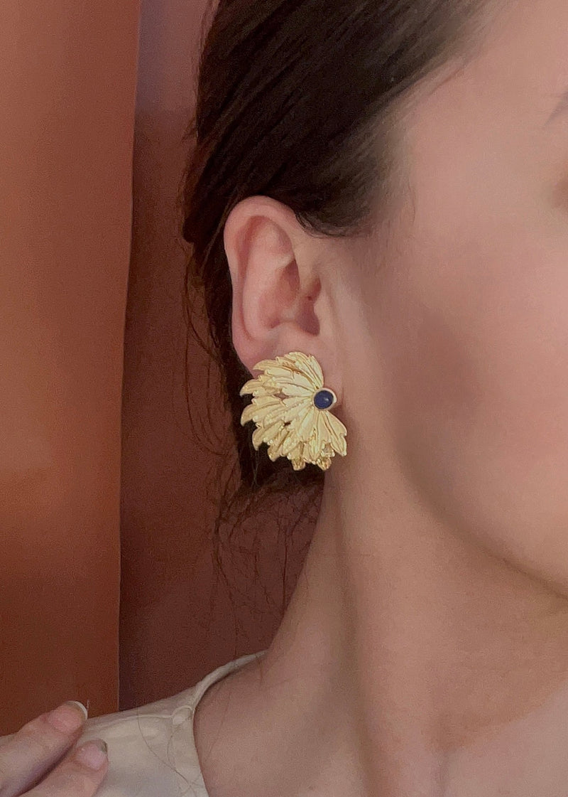Yellow Copper Overgild Inlaid Gem Stone Stud Earrings