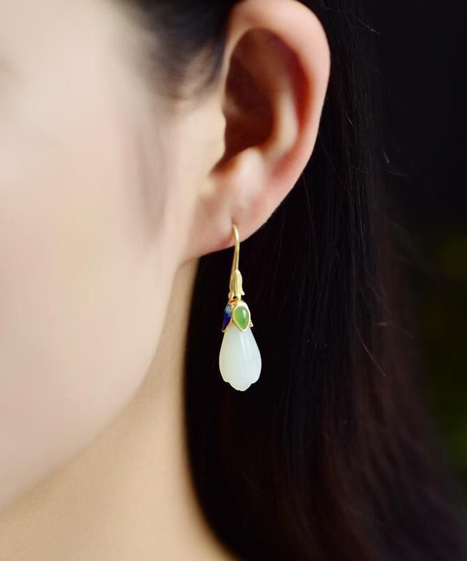 White Paitings Silver Jade Drop Earrings