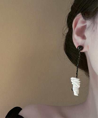Black Alloy Shell Asymmetrical Tassel Drop Earrings