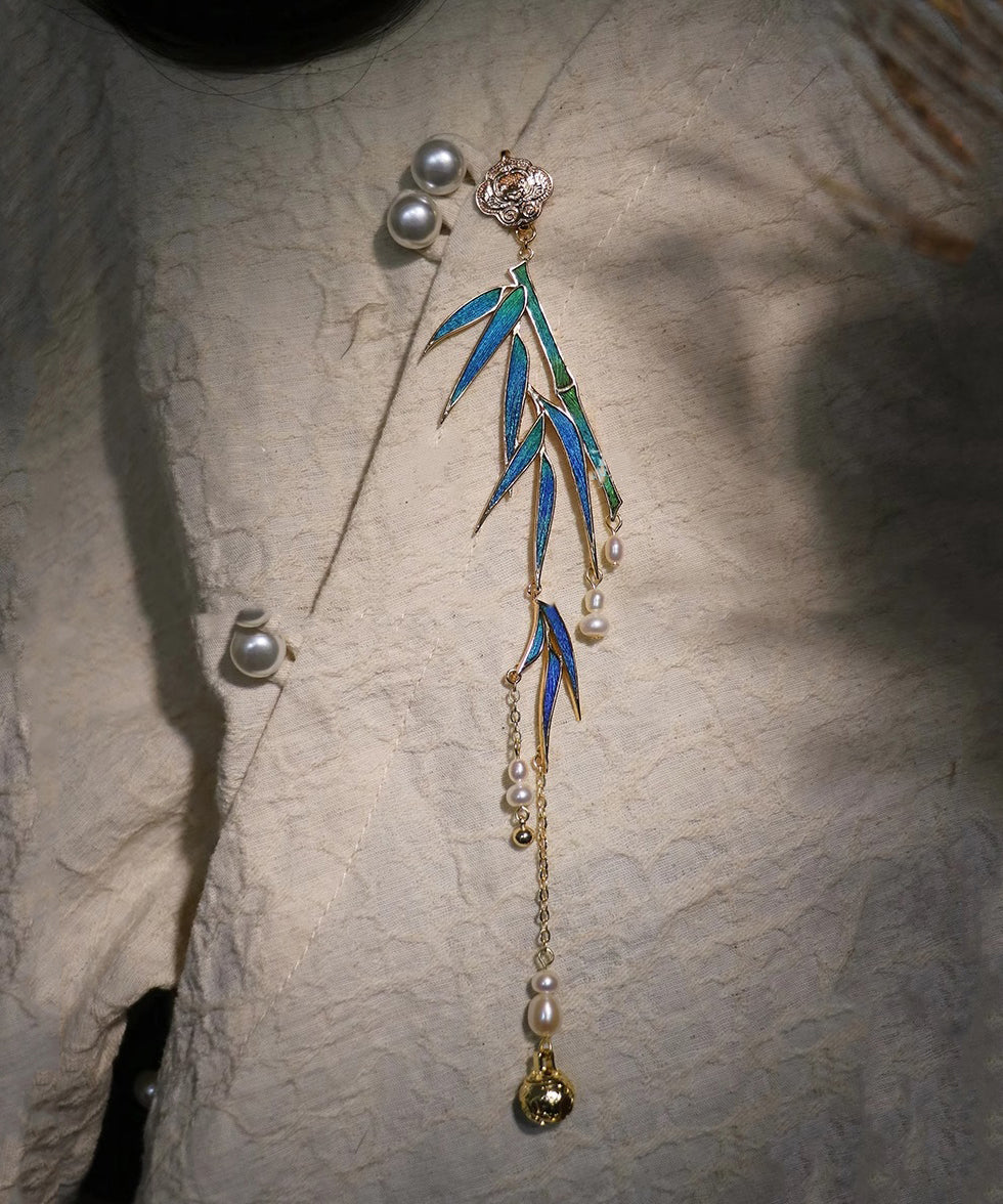 Blue Sterling Silver Overgild Bamboo Leaf Pearl Tassel Brooch