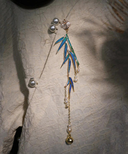Blue Sterling Silver Overgild Bamboo Leaf Pearl Tassel Brooch