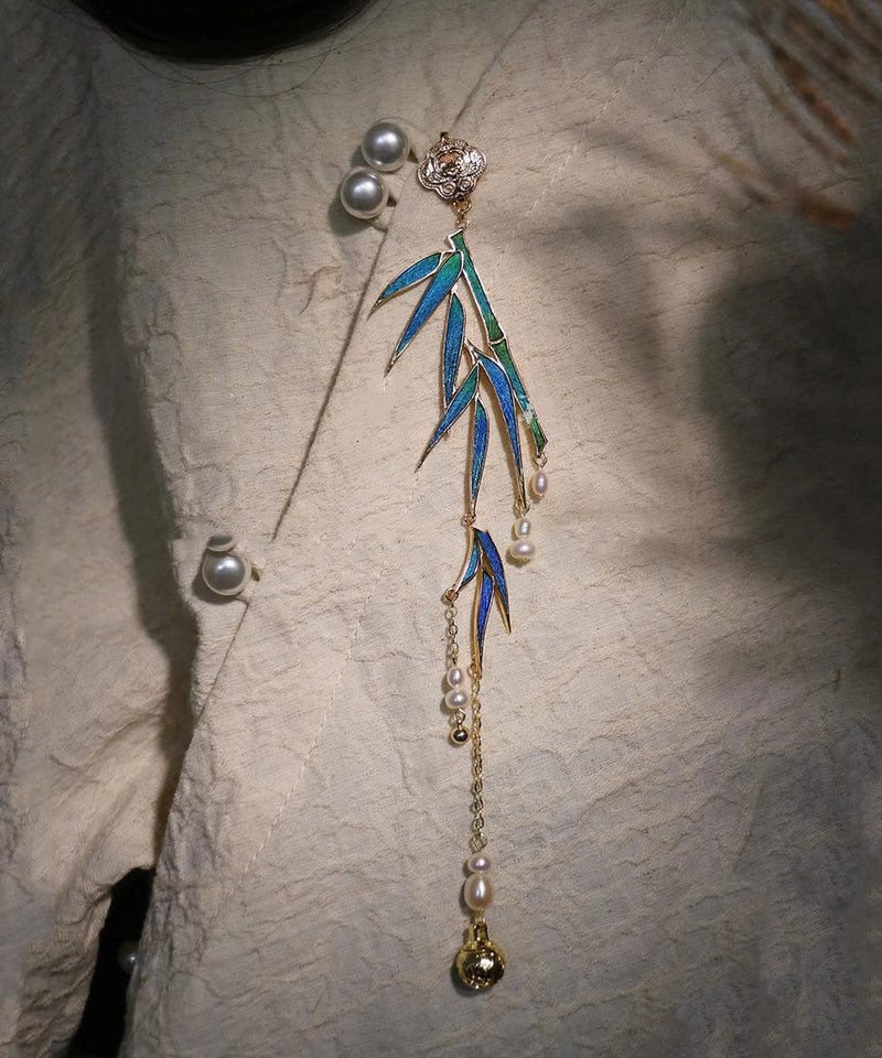 Blue Sterling Silver Overgild Bamboo Leaf Pearl Tassel Brooch