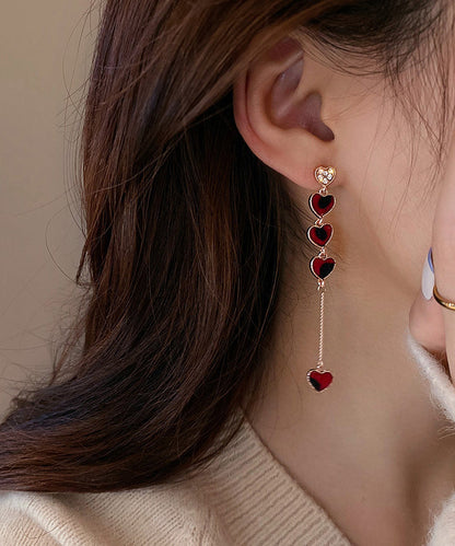 Diy Red Sterling Silver Alloy Zircon Asymmetrical Love Tassel Drop Earrings