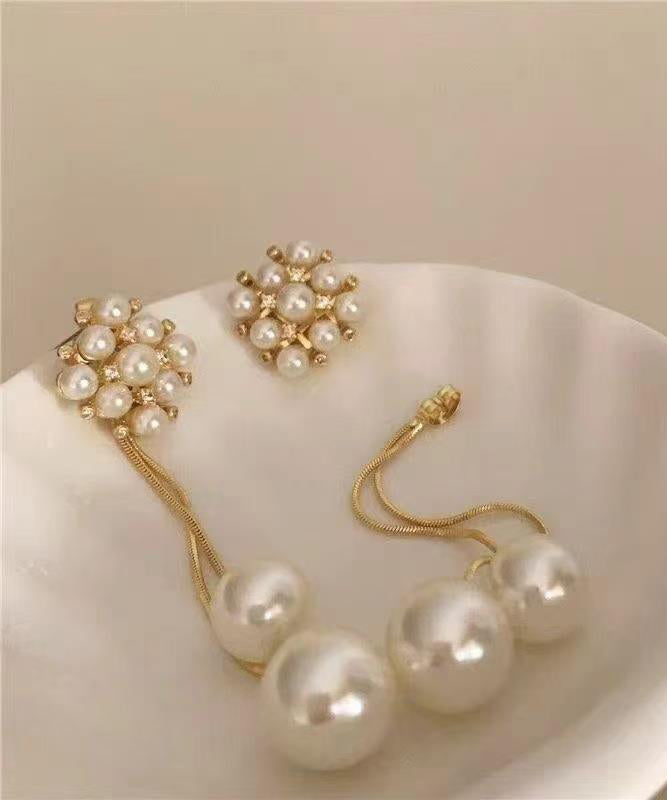 Stylish Gold Copper Overgild Zircon Pearl Tassel Drop Earrings