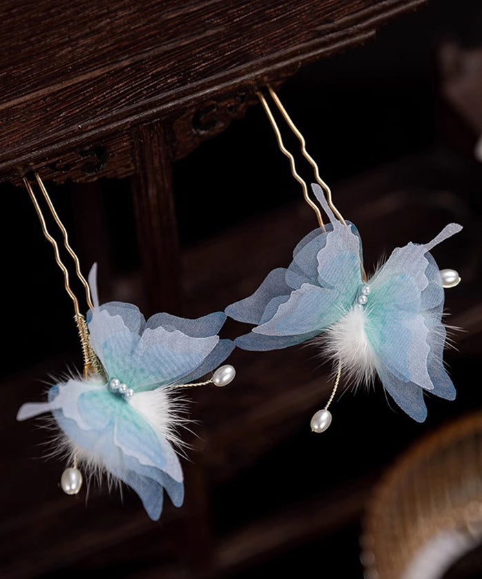 Retro Blue Copper Alloy Pearl Butterfly Fuzzy Ball a Pair Hairpin