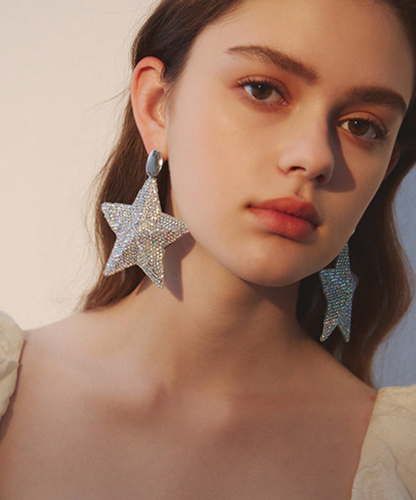 Five Pointed Star Zircon Exaggeration Silver Plated Drop Earrings