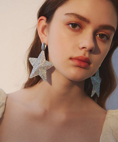 Five Pointed Star Zircon Exaggeration Silver Plated Drop Earrings