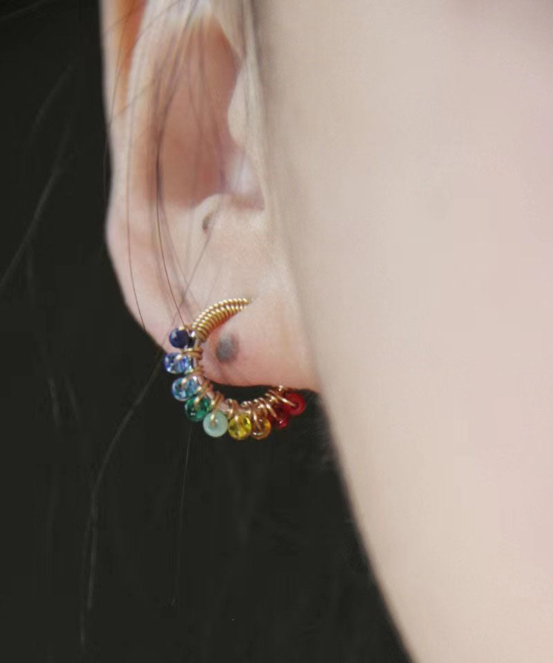 Rainbow Alloy Glass Bead Hoop Earrings