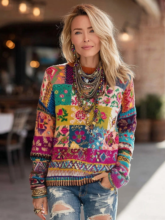 Comstylish Colorful Boho Floral Patchwork Art Cozy Knit Sweater
