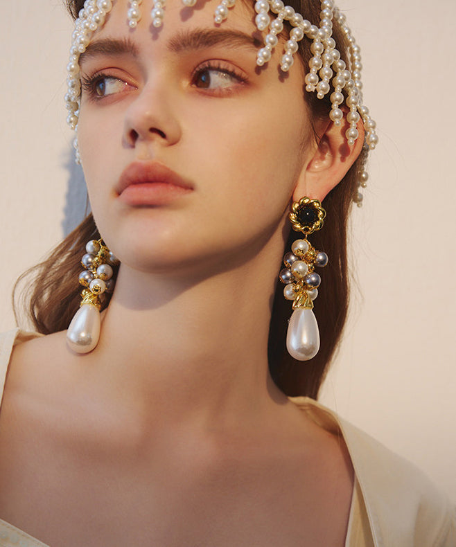 Exaggeration Gold Grape Bunches Pearl Water Drop Alloy Drop Earrings
