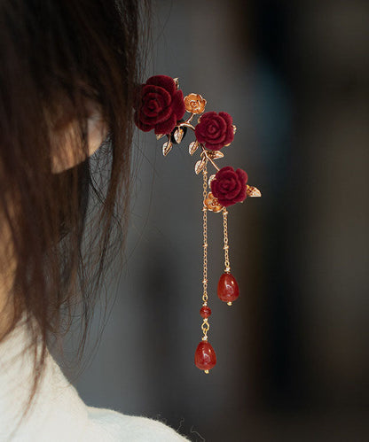 Black Xylogen Gem Stone Rose Tassel Hairpin