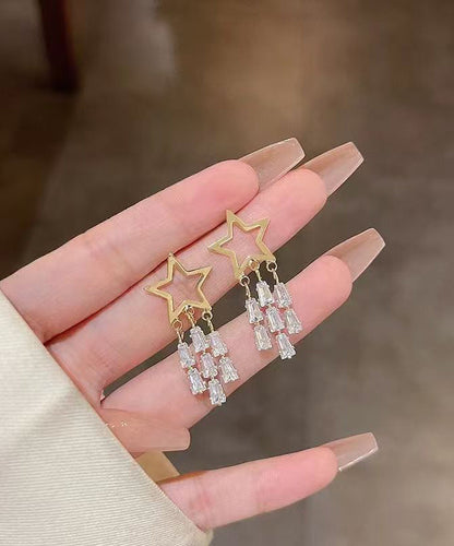 Novelty Gold 925 Silver Alloy Zircon Star Tassel Drop Earrings