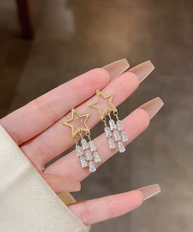 Novelty Gold 925 Silver Alloy Zircon Star Tassel Drop Earrings