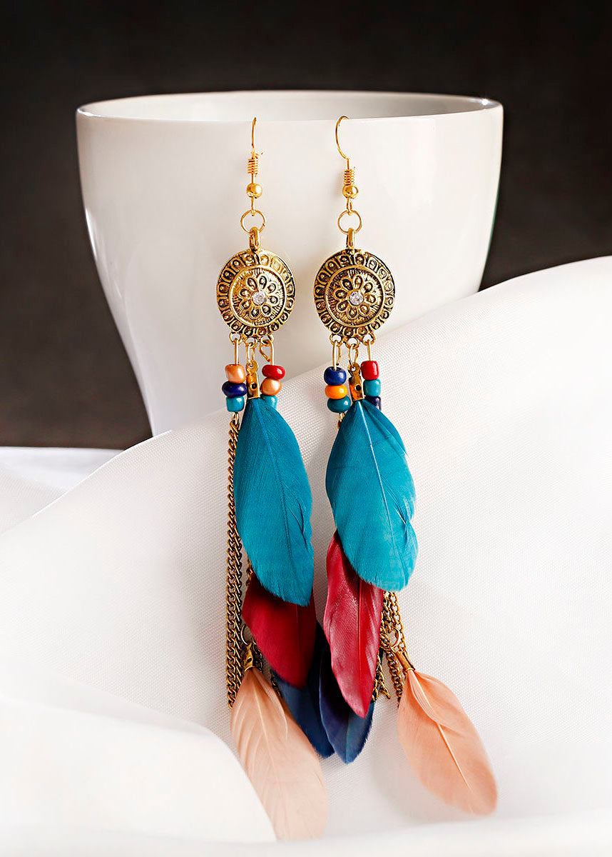 Multicolour Feather Tassel Metal Drop Earrings