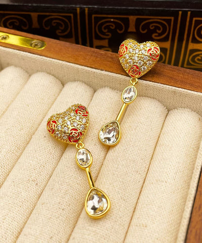 Gold Copper Overgild Zircon Glass Love Tassel Drop Earrings