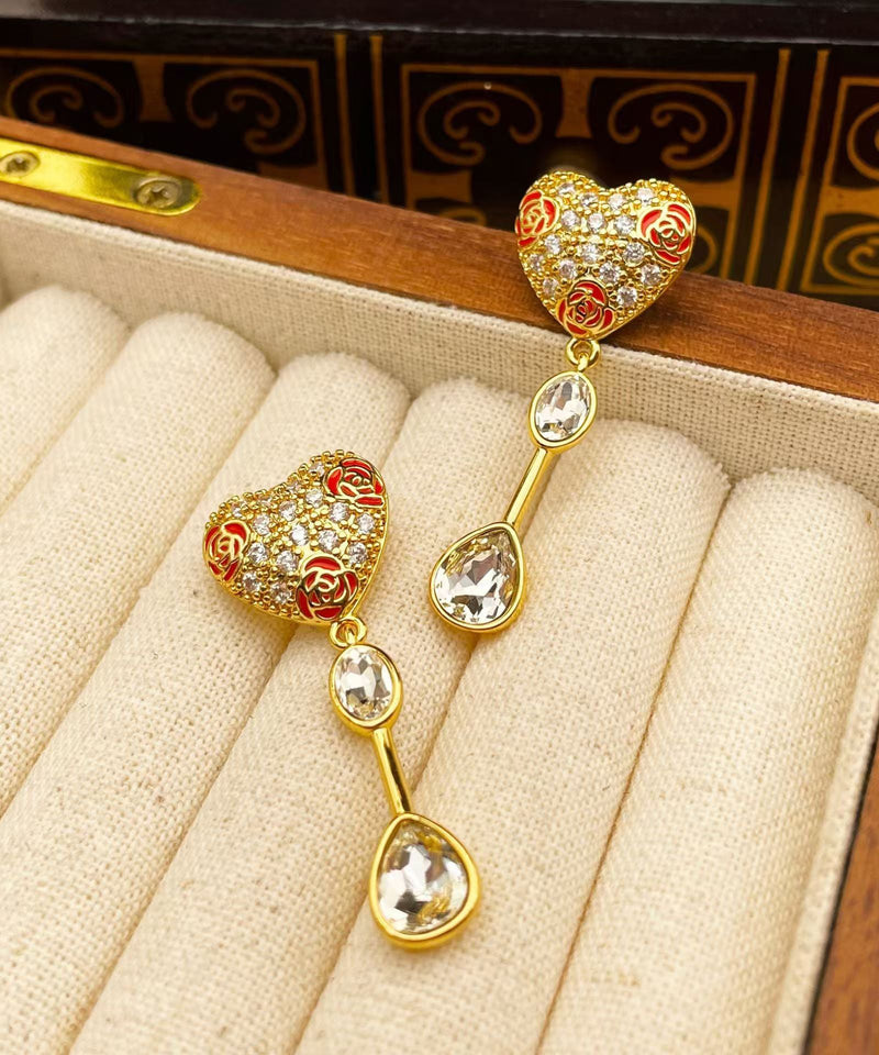 Gold Copper Overgild Zircon Glass Love Tassel Drop Earrings
