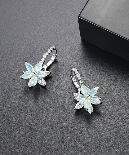 White Flower Zircon Copper Hoop Earrings