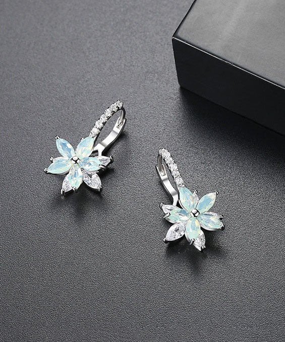 White Flower Zircon Copper Hoop Earrings