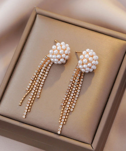 Gold Copper Alloy Zircon Pearl Tassel Drop Earrings
